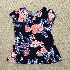 Lilly Pulitzer Navy Blue Floral Pima Cotton Peplum Top Short Sleeve Small